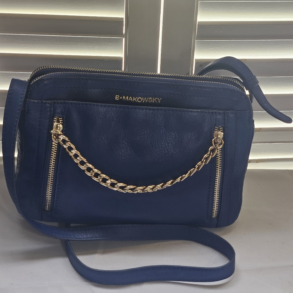 b. makowsky Royal Blue Leather Crossbody with Gold Chain Buy Now Will Not Go Low